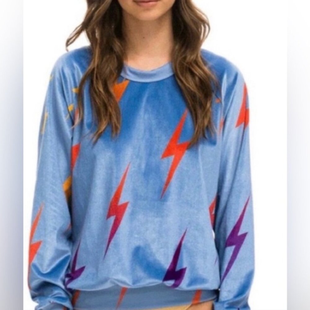 Aviator Nation Sweater Blue Velour Thunder LightBolt Medium Pullover Sweatshirt